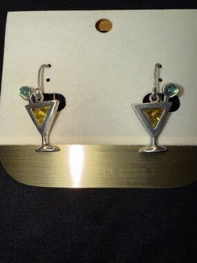 Silver Tone Martini Drop Earrings Yellow Stone with Green NWT
